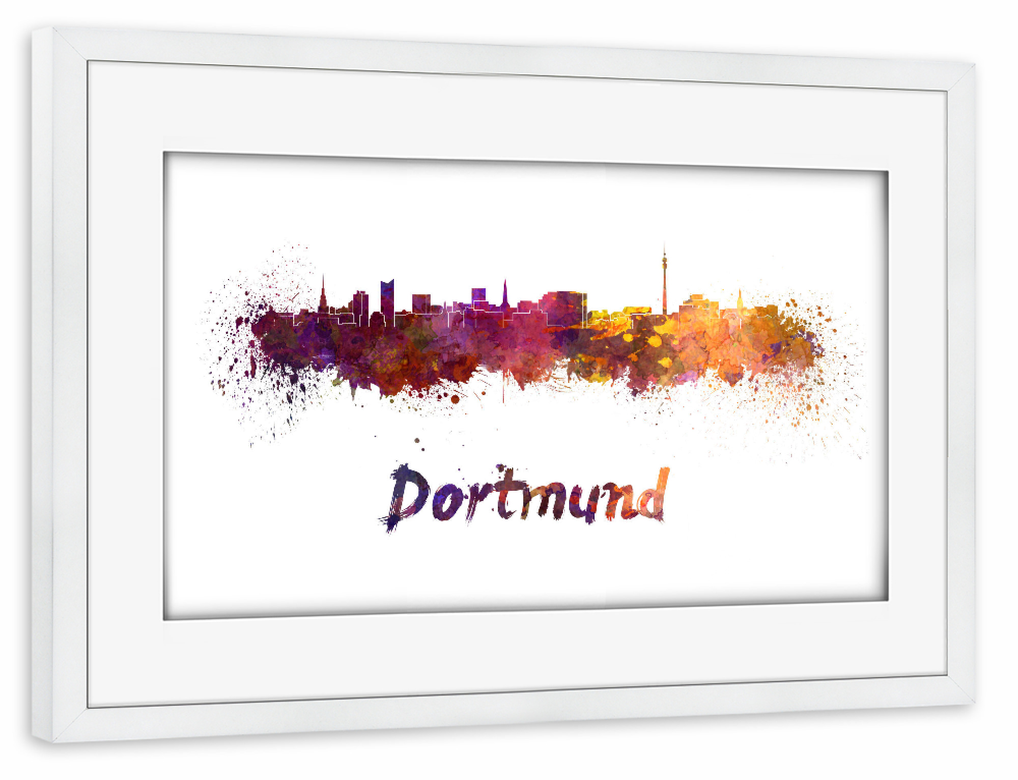 Poster mit Rahmen weiß "DORTMUND skyline in watercolor-b" artboxONE - Städte,Abstrakt,Architektur