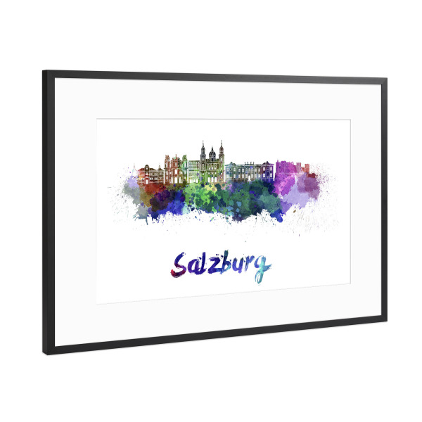 Poster mit Rahmen Schwarz (Metallic) "SALZBURG skyline in watercolor-l" artboxONE - Städte,Abstrakt,Architektur