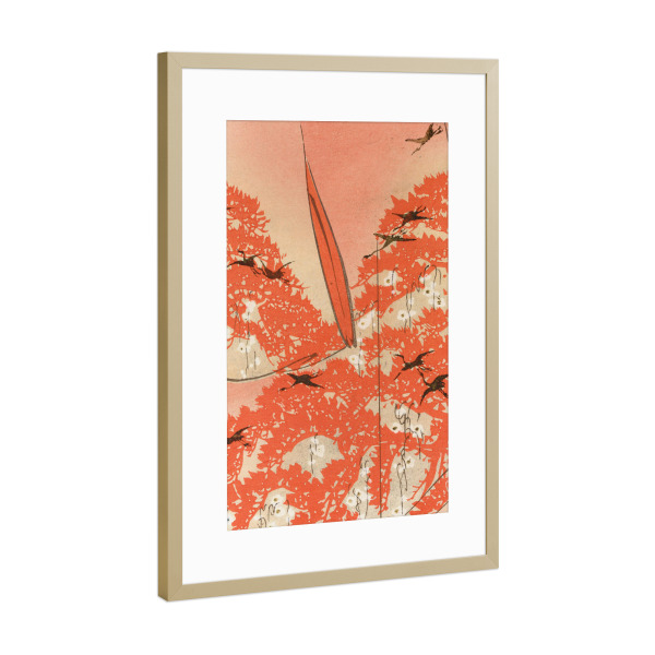 Poster mit Rahmen Gold "Natur und Vögel" artboxONE - Natur,Tiere - Ueno seiko,Japan,Malerei,Gemälde,Kunst,Vögel,Natur,Blätter,Bäume,Kraniche