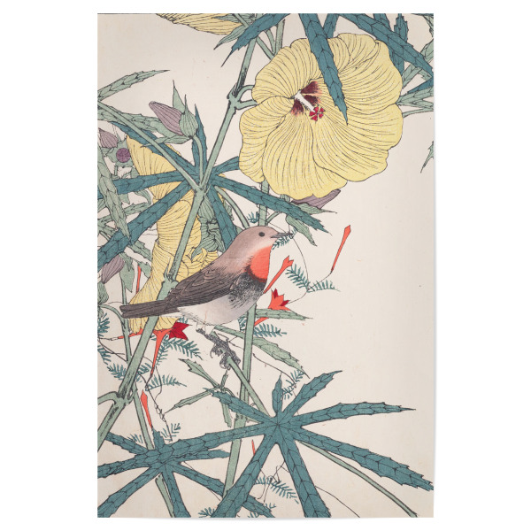 Poster "Vogel sitzt neben einer Blume" artboxONE - Natur,Floral,Tiere - Imao keinen,Japan,Malerei,Gemälde,Kunst,Floral,Natur,Blumen,Tier,Bunt