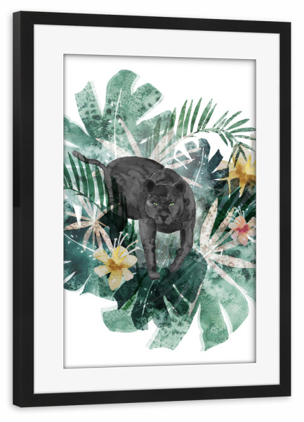 Poster mit Rahmen schwarz "Tropical Jungle Panther" artboxONE - Natur,Floral,Tiere
