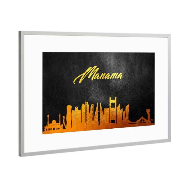 Poster mit Rahmen Silber "Manama Bahrain Gold Skyline" artboxONE - Städte - Manama,Bahrain,Gold,Skyline,City,Stadt