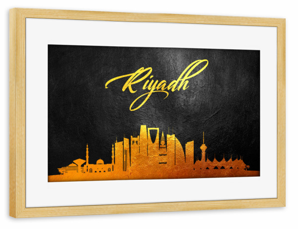 Poster mit Rahmen kiefer "Riyadh Saudi Arabia Gold" artboxONE - Städte - Riyadh,Saudi arabia,Gold,Skyline,City,Stadt