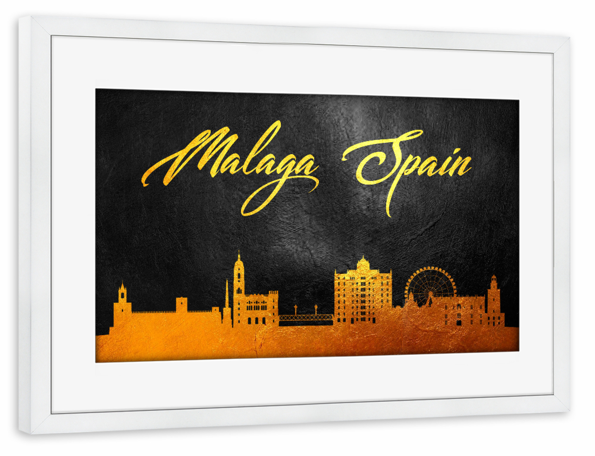 Poster mit Rahmen weiß "Malaga Spain Gold Skyline" artboxONE - Städte - Malaga,Spain,Gold,Skyline,Spanien,Stadt