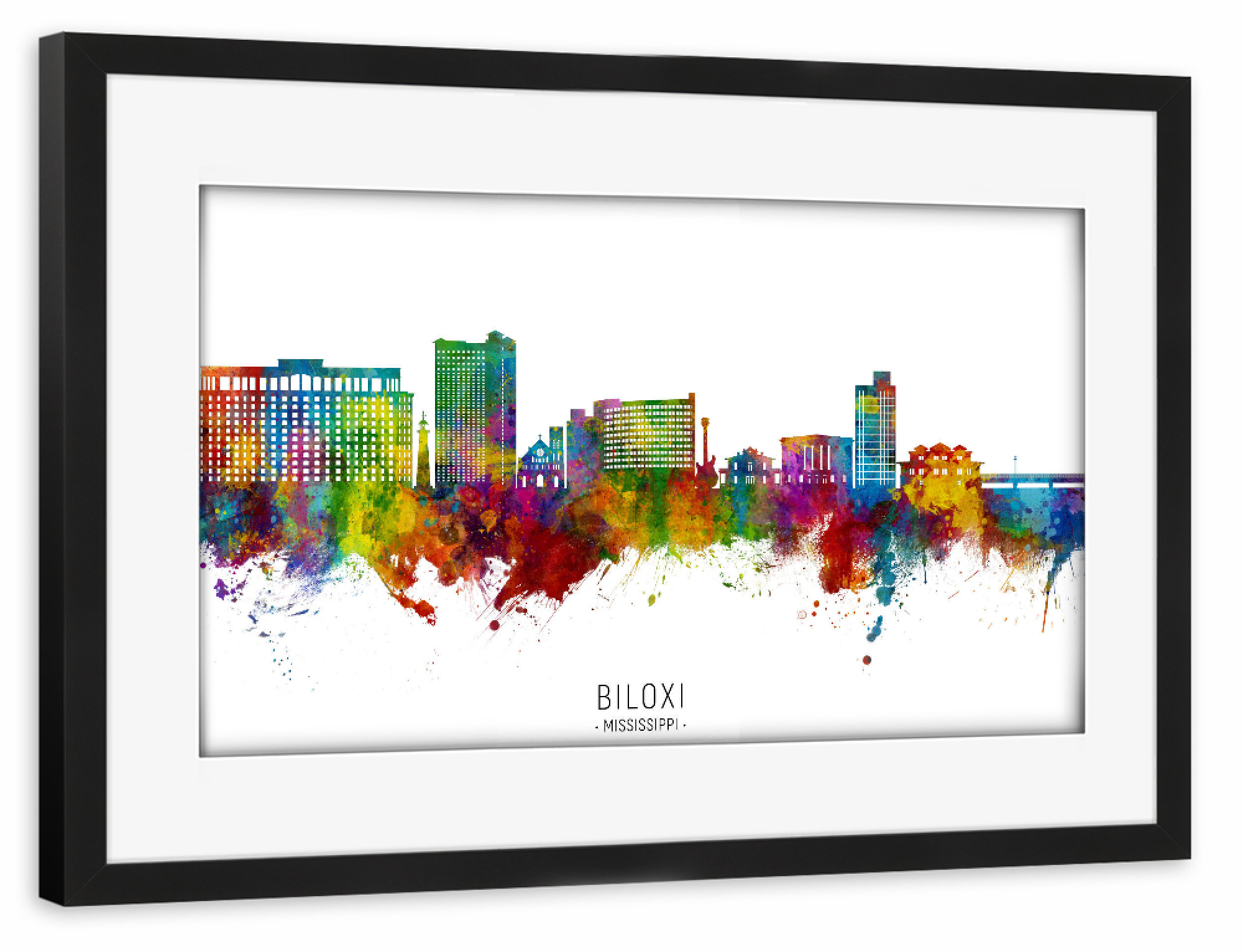 Poster mit Rahmen schwarz "Biloxi Mississippi Skyline txt" artboxONE - Städte