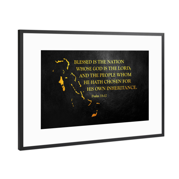 Poster mit Rahmen Schwarz (Metallic) "Bahamas Bible Verse Gold Map" artboxONE - Reise / Länder - Bahamas,Gold,Map