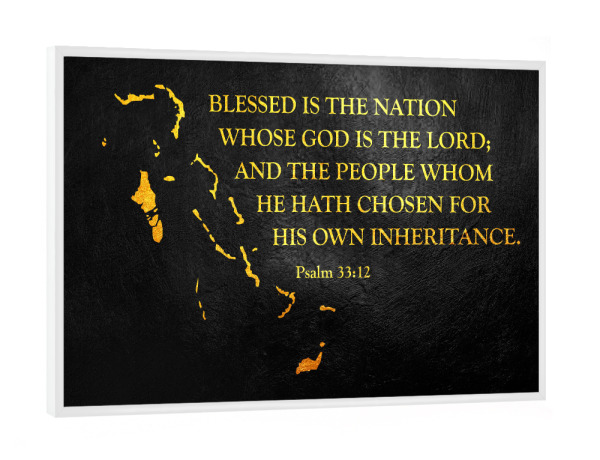 Poster mit weißem Rahmen "Bahamas Bible Verse Gold Map" artboxONE - Reise / Länder - Bahamas,Gold,Map