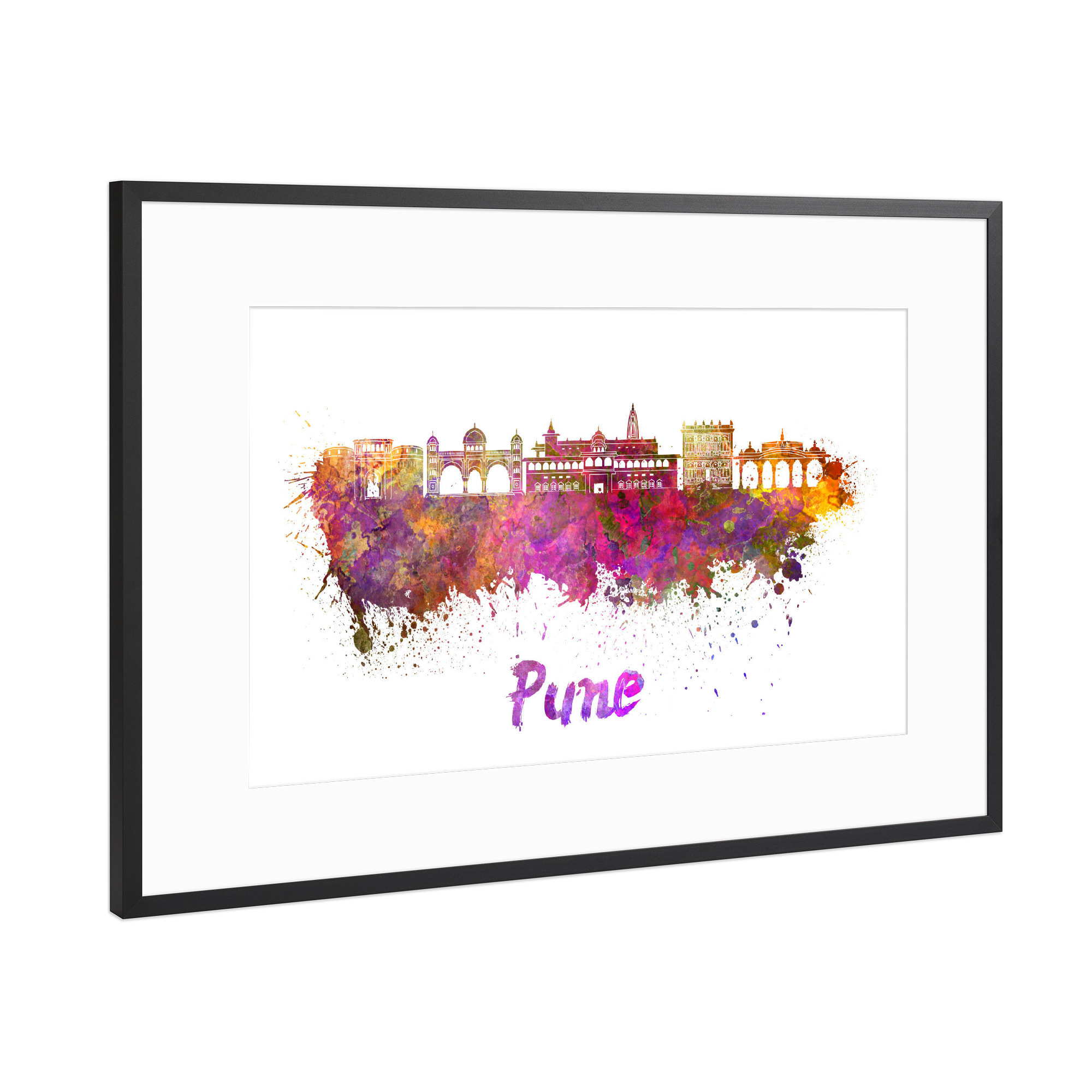 Poster mit Rahmen Schwarz (Metallic) "PUNE skyline in watercolor" artboxONE - Städte,Abstrakt,Architektur