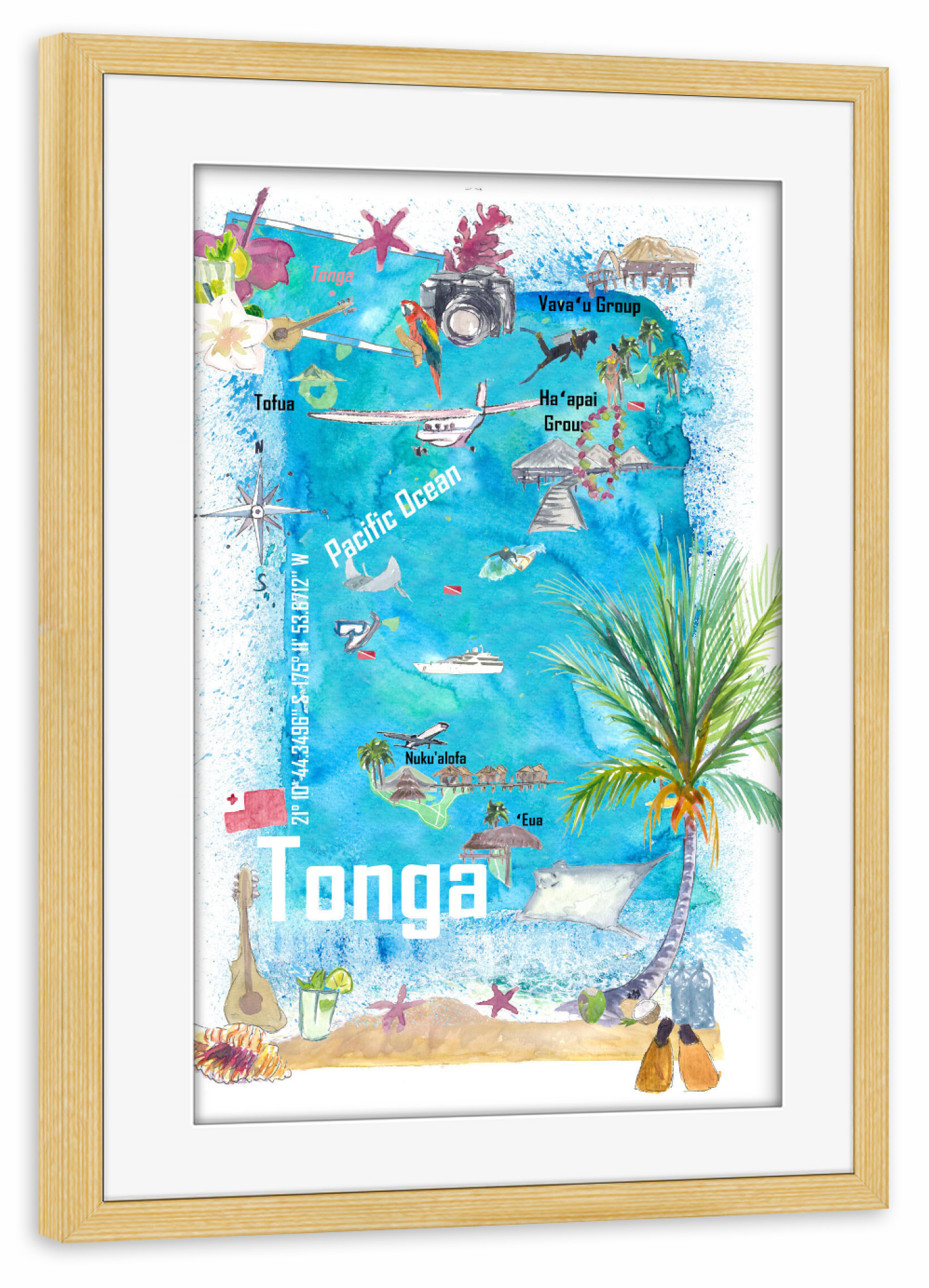 Poster mit Rahmen kiefer "Tonga Polynesia Map" artboxONE - Reise,Reise / Strand und Meer,Reise / Länder,Kartografie