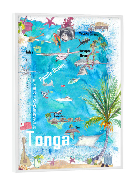 Poster mit weißem Rahmen "Tonga Polynesia Map" artboxONE - Reise,Reise / Strand und Meer,Reise / Länder,Kartografie