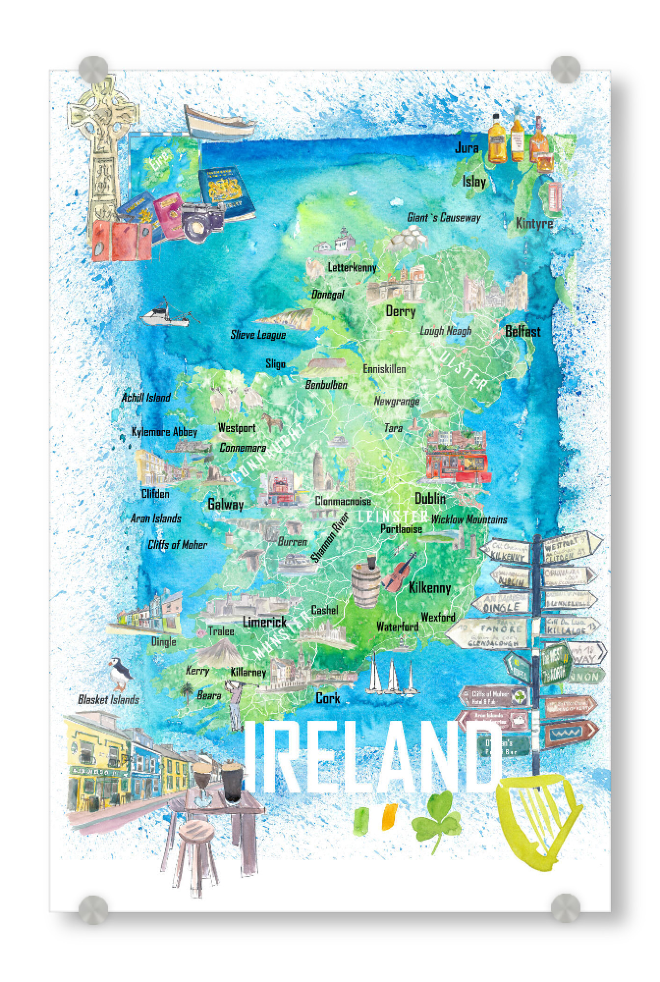 Acrylglasbild "Ireland Illustrated Signpost Map" artboxONE - Reise,Reise / Länder,Kartografie