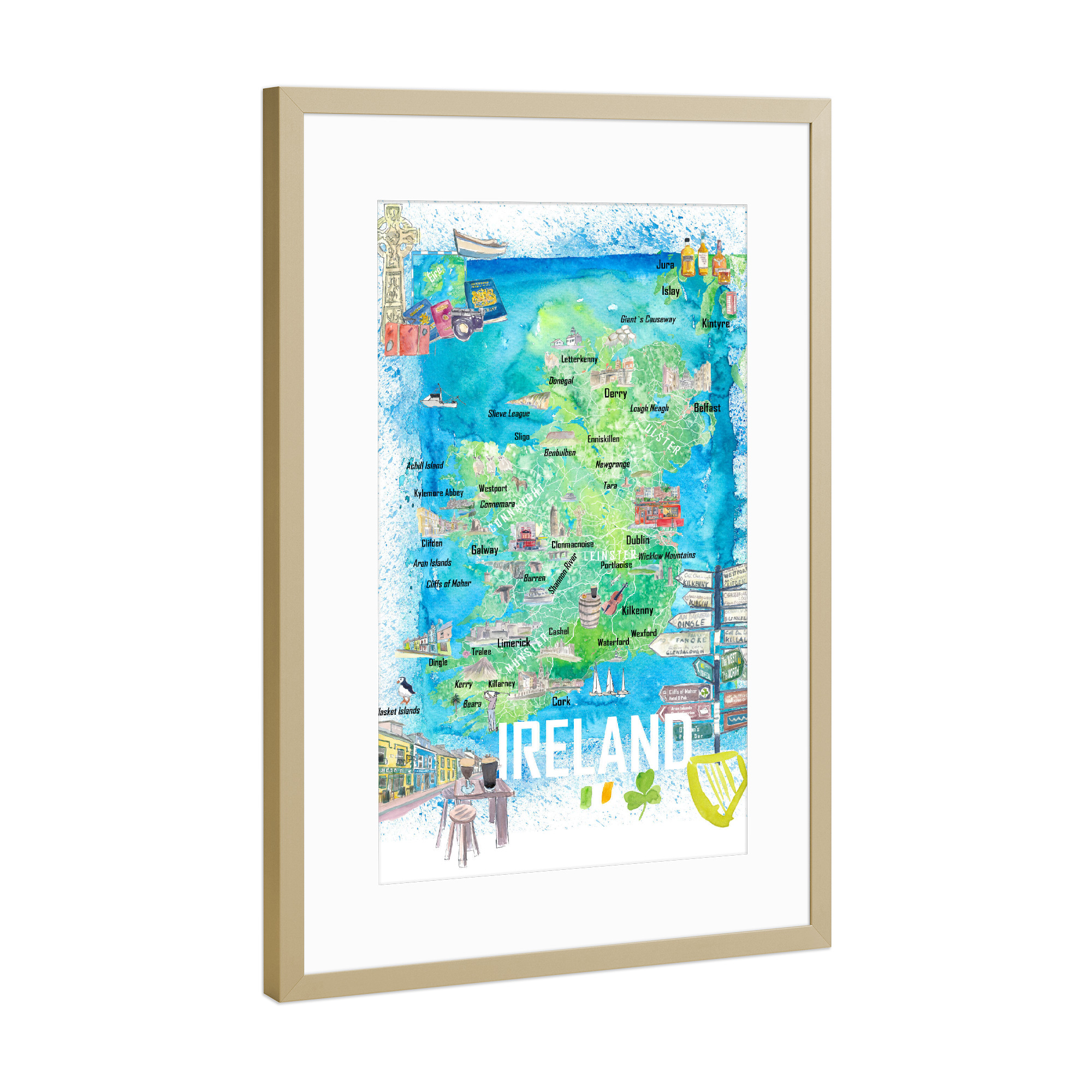 Poster mit Rahmen Gold "Ireland Illustrated Signpost Map" artboxONE - Reise,Reise / Länder,Kartografie