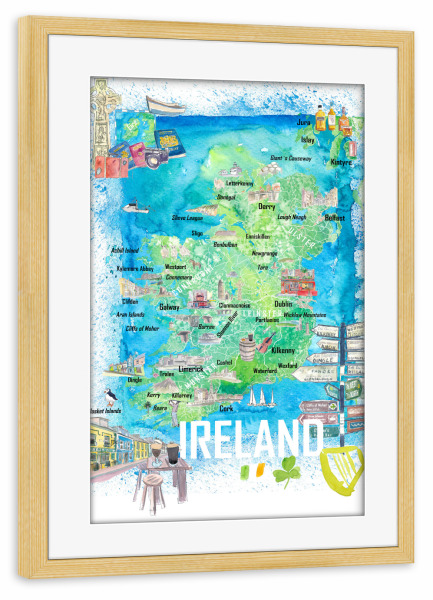 Poster mit Rahmen kiefer "Ireland Illustrated Signpost Map" artboxONE - Reise,Reise / Länder,Kartografie