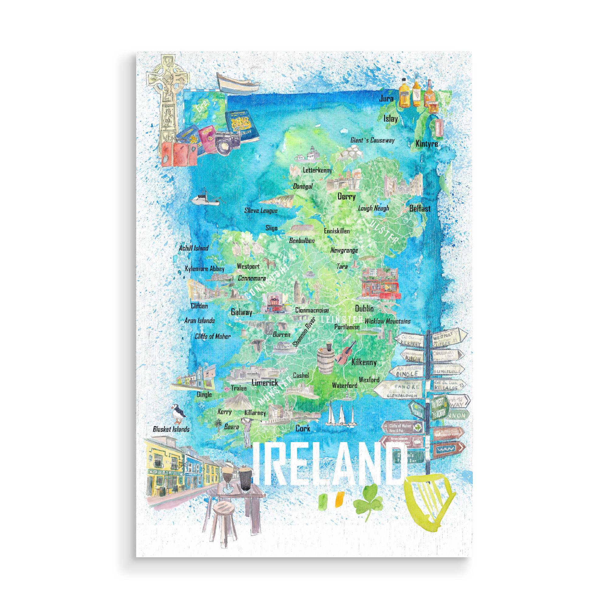 Holzbild "Ireland Illustrated Signpost Map" artboxONE - Reise,Reise / Länder,Kartografie