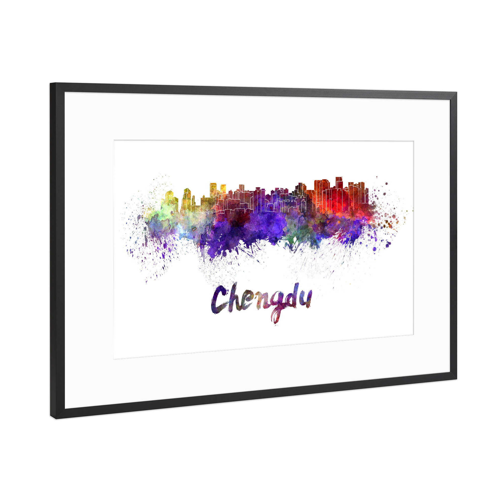 Poster mit Rahmen Schwarz (Metallic) "CHENGDU skyline in watercolor" artboxONE - Städte,Reise,Abstrakt,Architektur