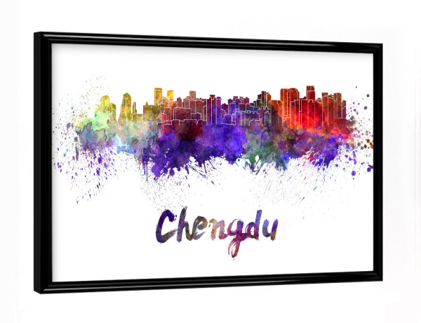 Poster mit schwarzem Rahmen "CHENGDU skyline in watercolor" artboxONE - Städte,Reise,Abstrakt,Architektur