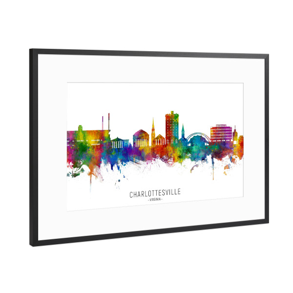 Poster mit Rahmen Schwarz (Metallic) "Charlottesville Skyline txt" artboxONE - Städte