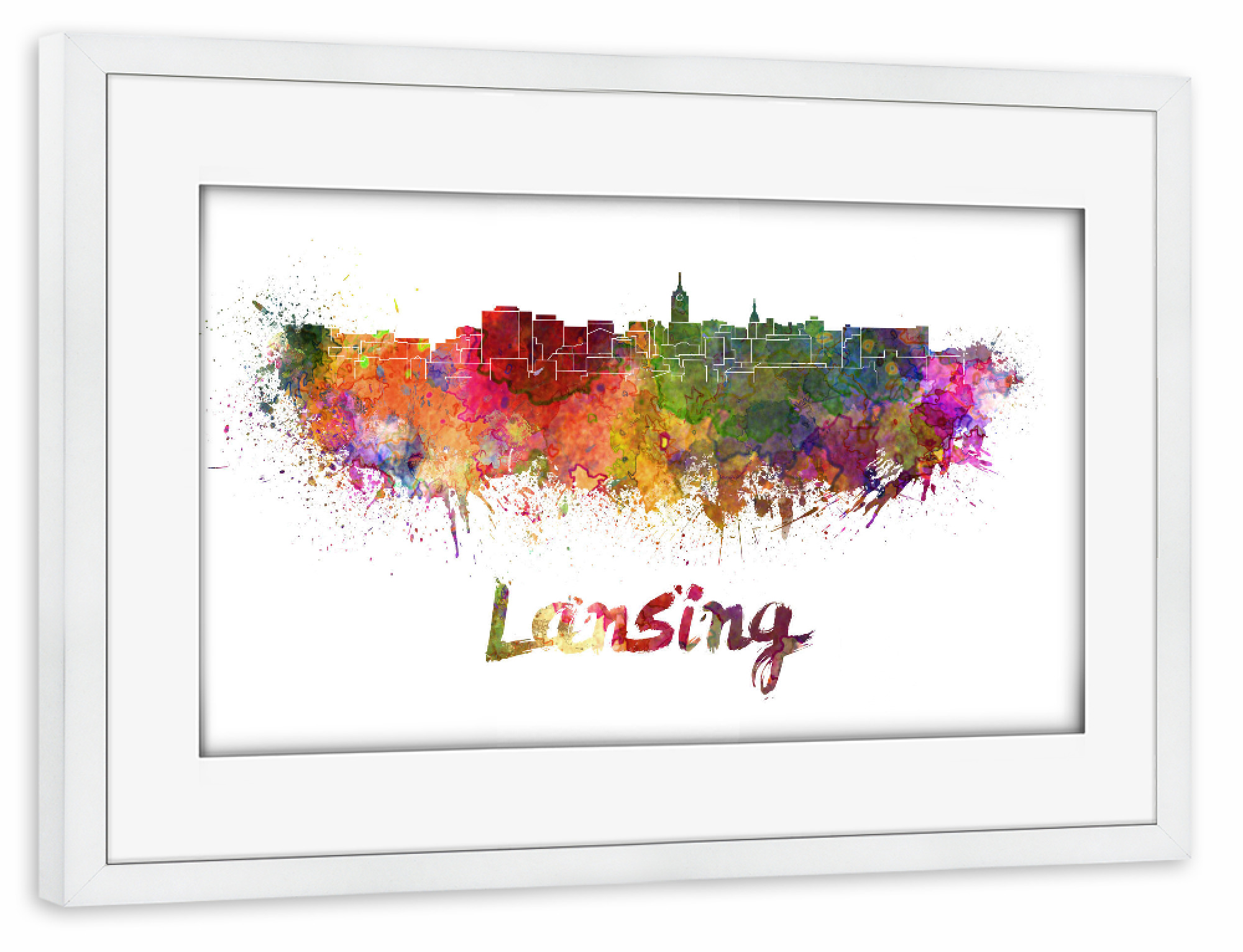 Poster mit Rahmen weiß "LANSING skyline in watercolor" artboxONE - Städte,Abstrakt,Architektur