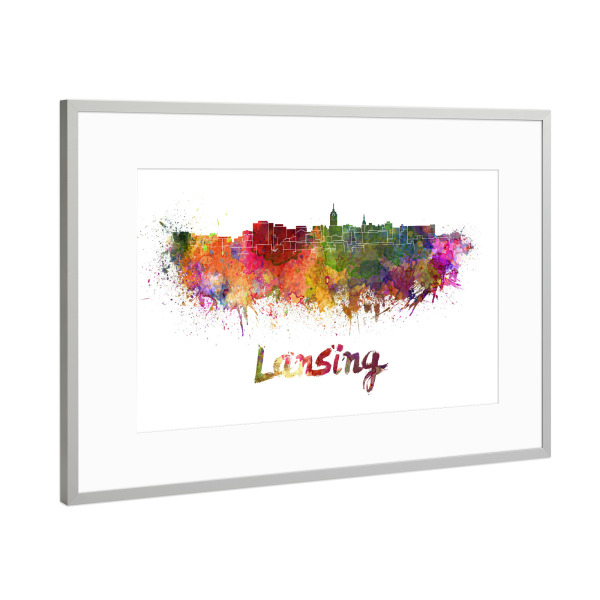 Poster mit Rahmen Silber "LANSING skyline in watercolor" artboxONE - Städte,Abstrakt,Architektur