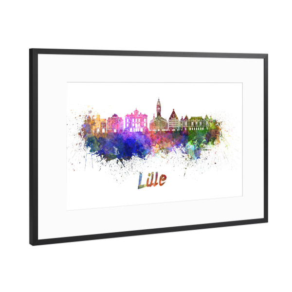 Poster mit Rahmen Schwarz (Metallic) "LILLE skyline in watercolor-h" artboxONE - Städte,Abstrakt,Architektur
