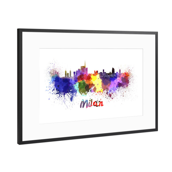 Poster mit Rahmen Schwarz (Metallic) "MILAN skyline in watercolor-k" artboxONE - Städte,Abstrakt,Architektur