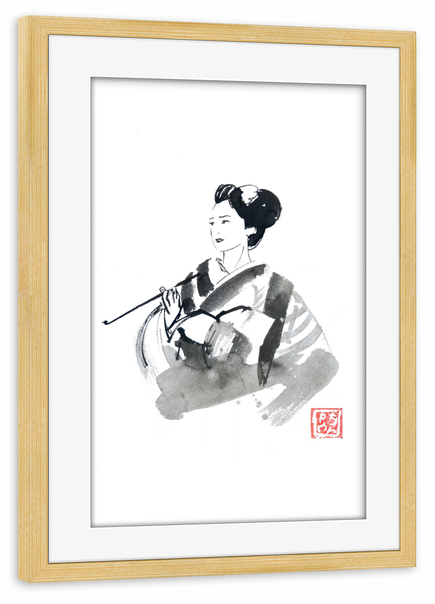 Poster mit Rahmen kiefer "Smoking geisha" artboxONE - Menschen - Geisha,Sumie,Japan,Schwarzweiß,Blackandwhite,Woman,Frau,Female