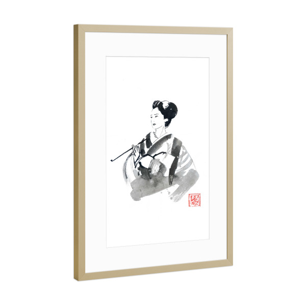 Poster mit Rahmen Gold "Smoking geisha" artboxONE - Menschen - Geisha,Sumie,Japan,Schwarzweiß,Blackandwhite,Woman,Frau,Female