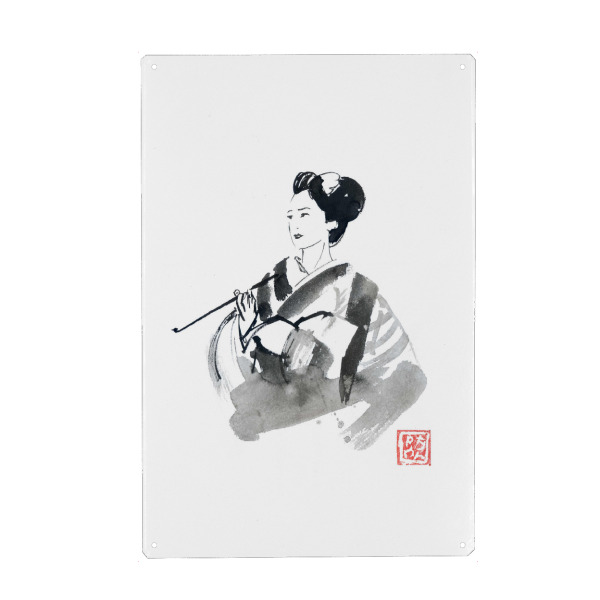 Holzbild "Smoking geisha" artboxONE - Menschen - Geisha,Sumie,Japan,Schwarzweiß,Blackandwhite,Woman,Frau,Female