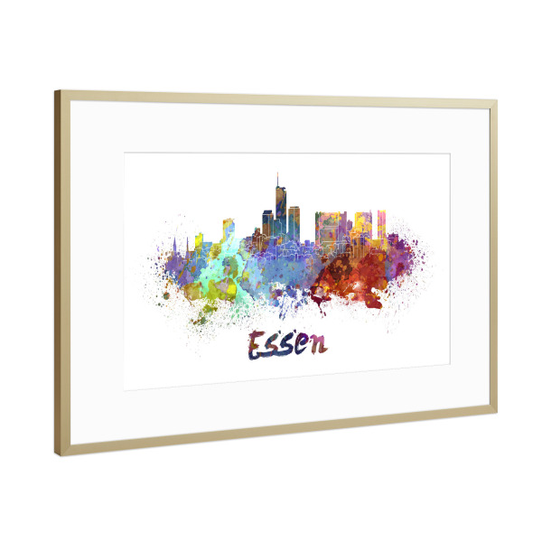 Poster mit Rahmen Gold "ESSEN skyline in watercolor-b" artboxONE - Städte,Abstrakt,Architektur