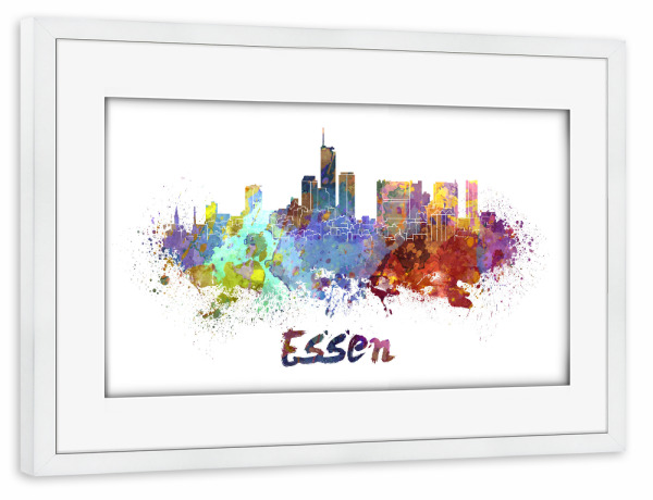 Poster mit Rahmen weiß "ESSEN skyline in watercolor-b" artboxONE - Städte,Abstrakt,Architektur