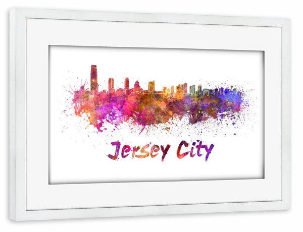 Poster mit Rahmen weiß "JERSEY CITY skyline in watercolor" artboxONE - Städte,Abstrakt,Architektur