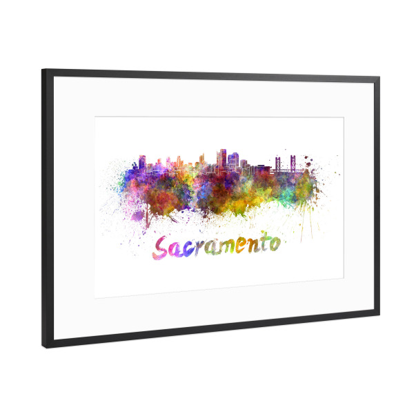Poster mit Rahmen Schwarz (Metallic) "SACRAMENTO skyline in watercolor" artboxONE - Städte,Abstrakt,Architektur