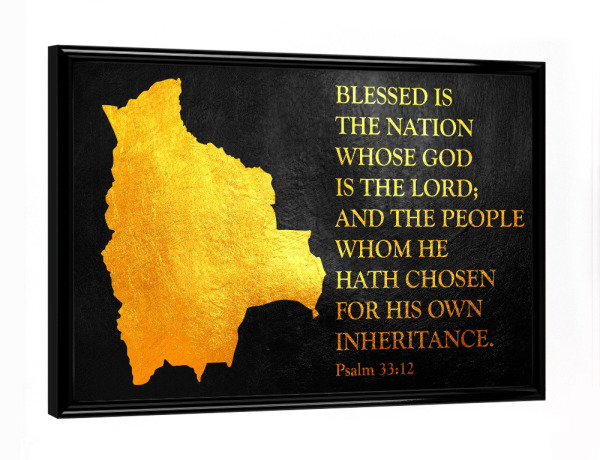 Poster mit schwarzem Rahmen "Bolivia Bible Verse Gold Map" artboxONE - Reise / Länder - Bolivia,Gold,Map,Karte