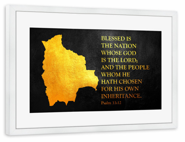 Poster mit Rahmen weiß "Bolivia Bible Verse Gold Map" artboxONE - Reise / Länder - Bolivia,Gold,Map,Karte