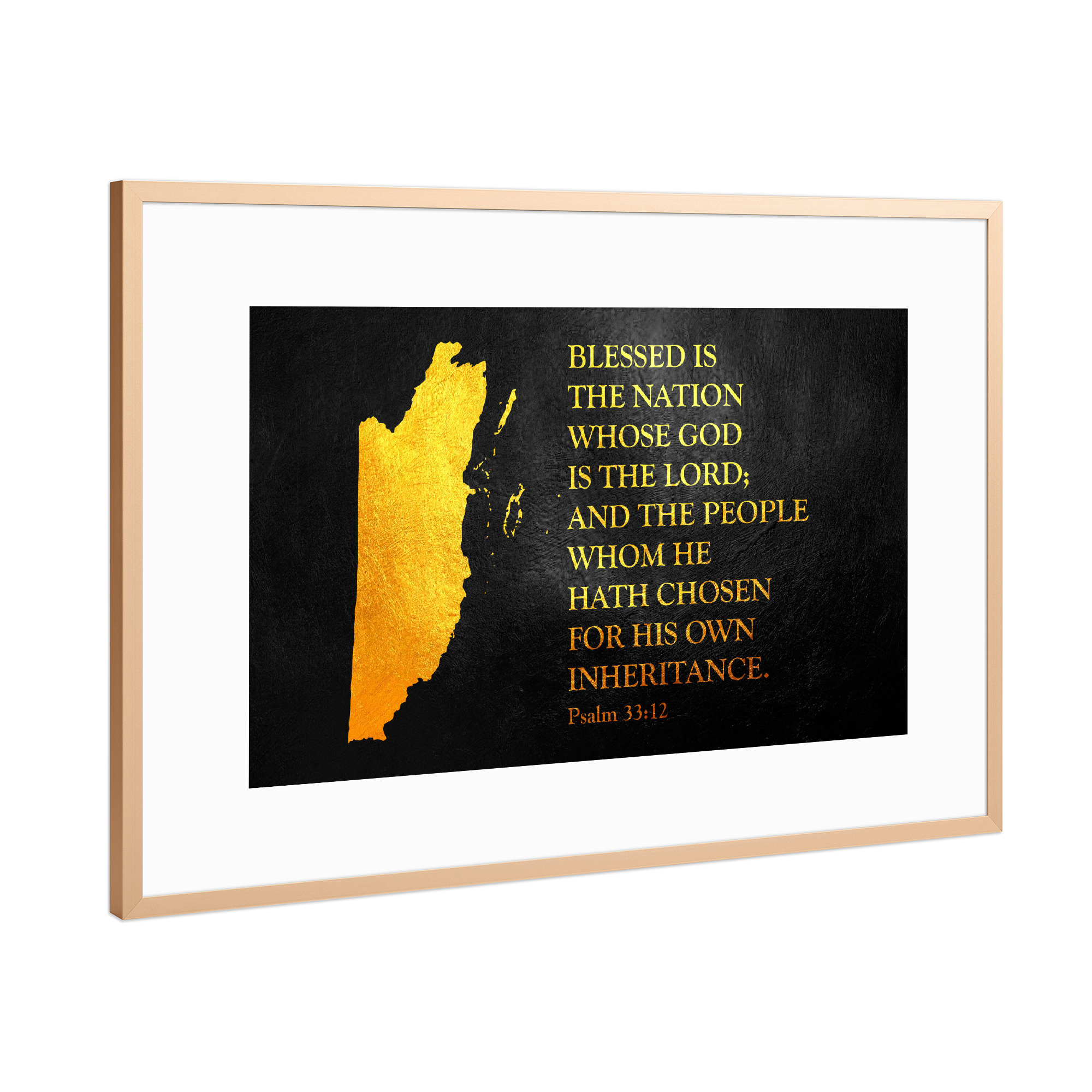 Poster mit Rahmen Kupfer "Belize Bible Verse Gold Map" artboxONE - Reise / Länder - Belize,Gold,Map,Karte