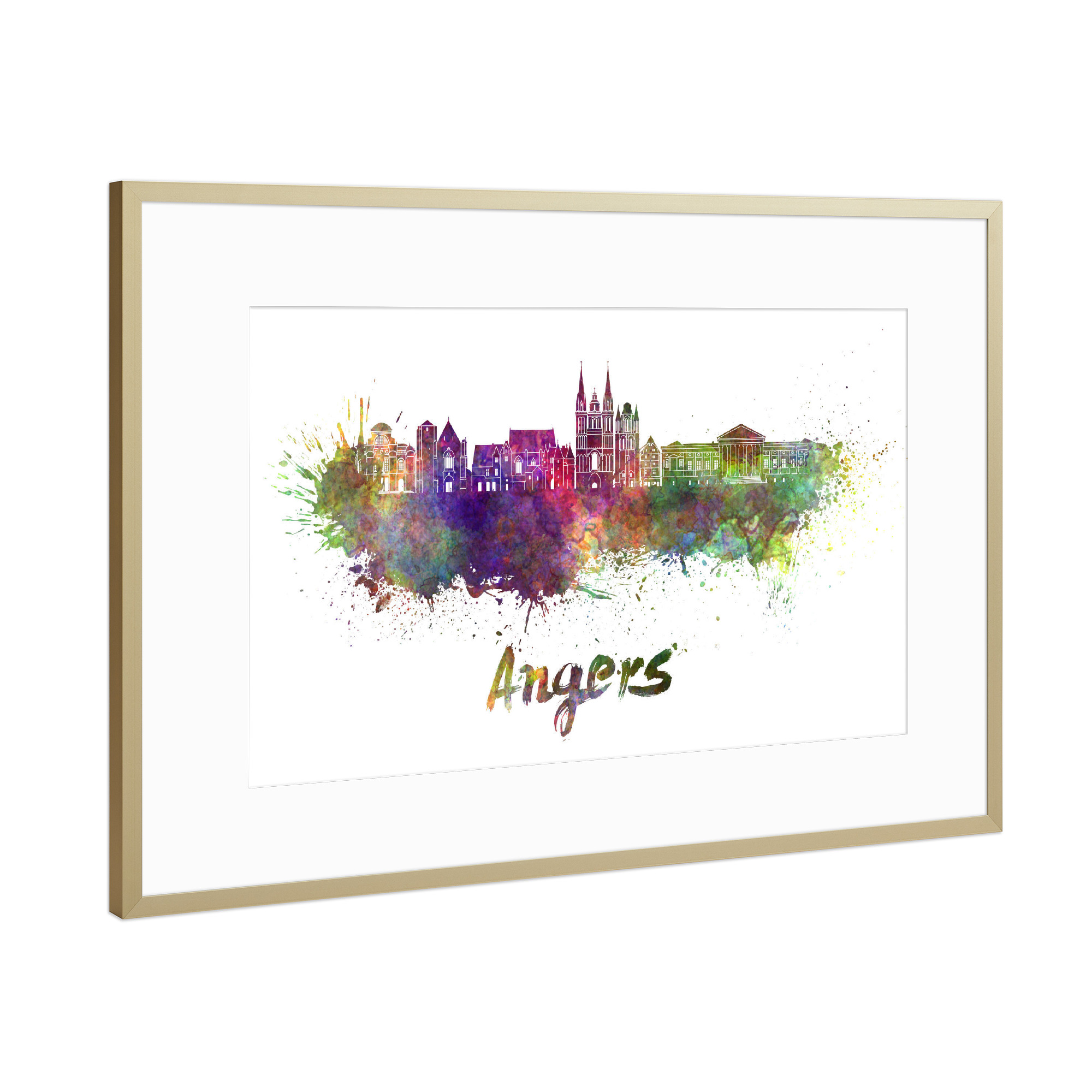 Poster mit Rahmen Gold "Angers Skyline in watercolor-b" artboxONE - Städte,Reise,Abstrakt,Architektur