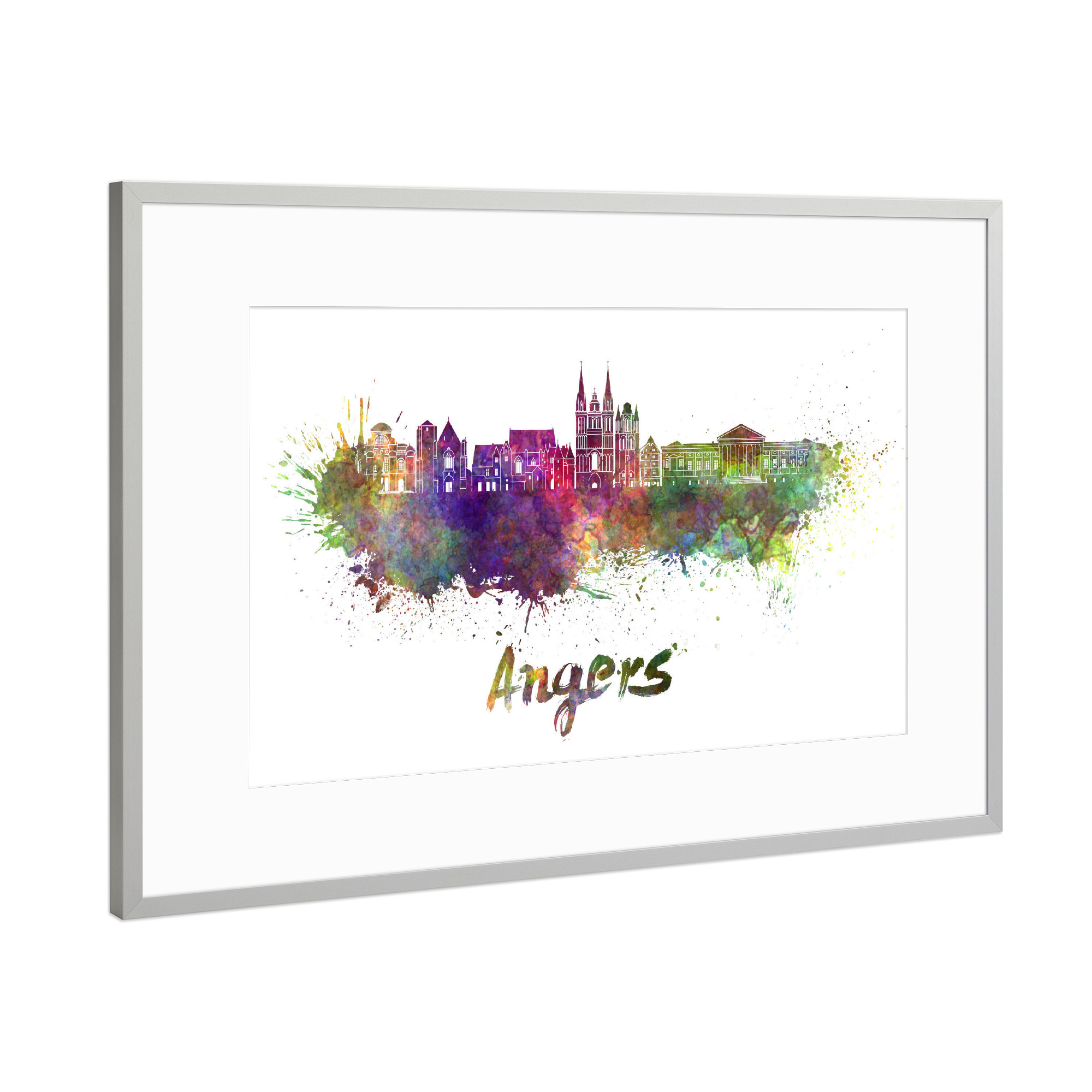 Poster mit Rahmen Silber "Angers Skyline in watercolor-b" artboxONE - Städte,Reise,Abstrakt,Architektur