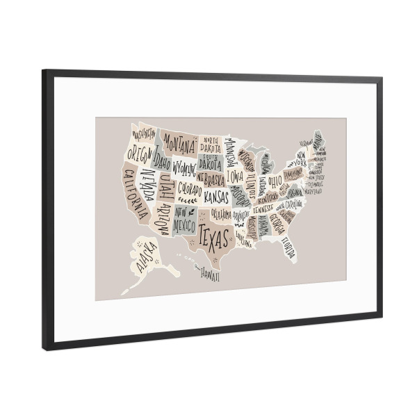 Poster mit Rahmen Schwarz (Metallic) "USA Karte Pastellfarben" artboxONE - Reise,Kartografie - Amerika,Map,Illustration,America,Pastel,Usa,Karte
