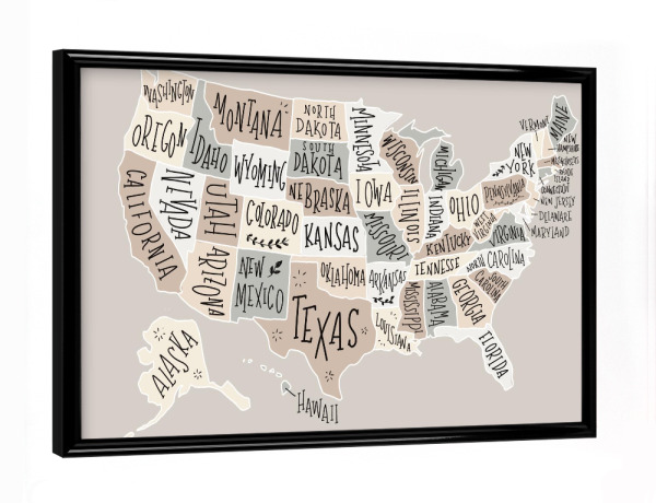 Poster mit schwarzem Rahmen "USA Karte Pastellfarben" artboxONE - Reise,Kartografie - Amerika,Map,Illustration,America,Pastel,Usa,Karte
