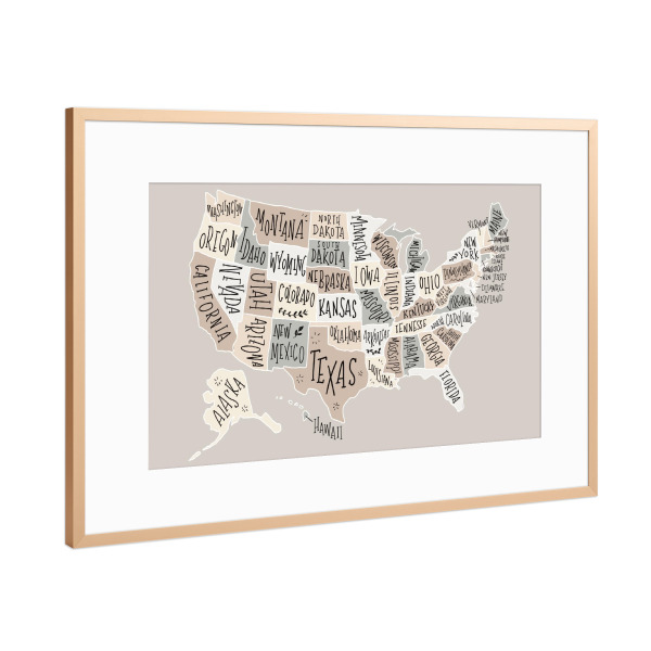 Poster mit Rahmen Kupfer "USA Karte Pastellfarben" artboxONE - Reise,Kartografie - Amerika,Map,Illustration,America,Pastel,Usa,Karte