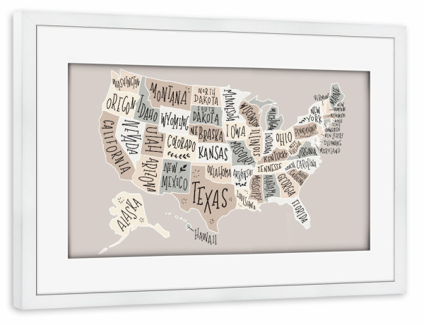 Poster mit Rahmen weiß "USA Karte Pastellfarben" artboxONE - Reise,Kartografie - Amerika,Map,Illustration,America,Pastel,Usa,Karte