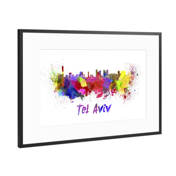 Poster mit Rahmen Schwarz (Metallic) "TEL AVIV skyline in watercolor-x" artboxONE - Städte,Abstrakt,Architektur
