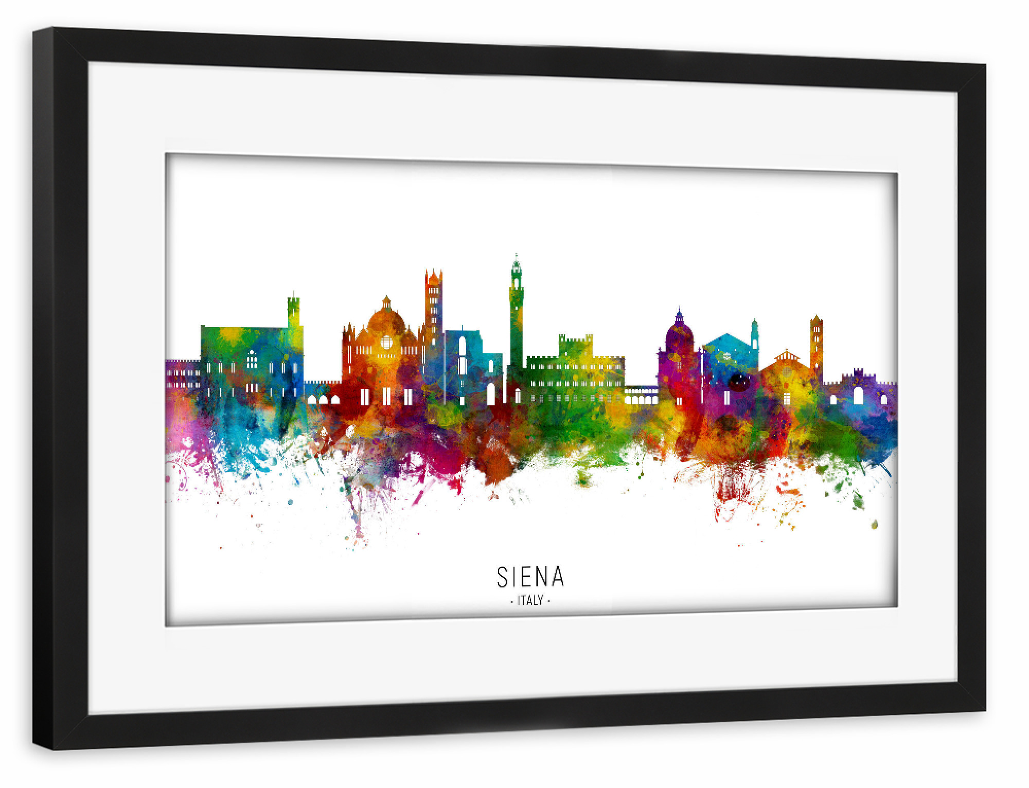 Poster mit Rahmen schwarz "Siena Italy Skyline txt" artboxONE - Städte - Siena,Italy,Skyline,Cityscape,Watercolor,Painting,Italien,Stadt,Bunt,Colorful