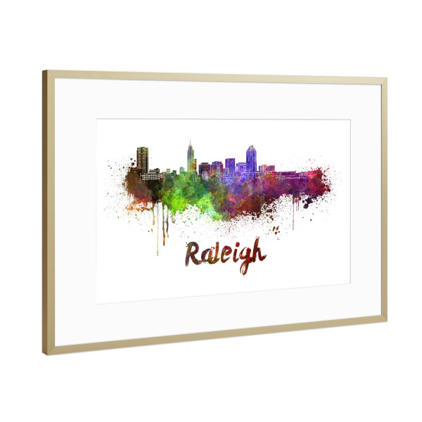 Poster mit Rahmen Gold "RALEIGH skyline in watercolor" artboxONE - Städte,Abstrakt,Architektur