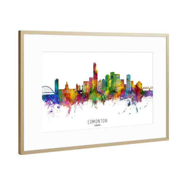 Poster mit Rahmen Gold "Edmonton Canada Skyline v2 txt" artboxONE - Städte - Edmonton,Canada,Skyline,Cityscape,Stadtbild,Watercolor,Painting