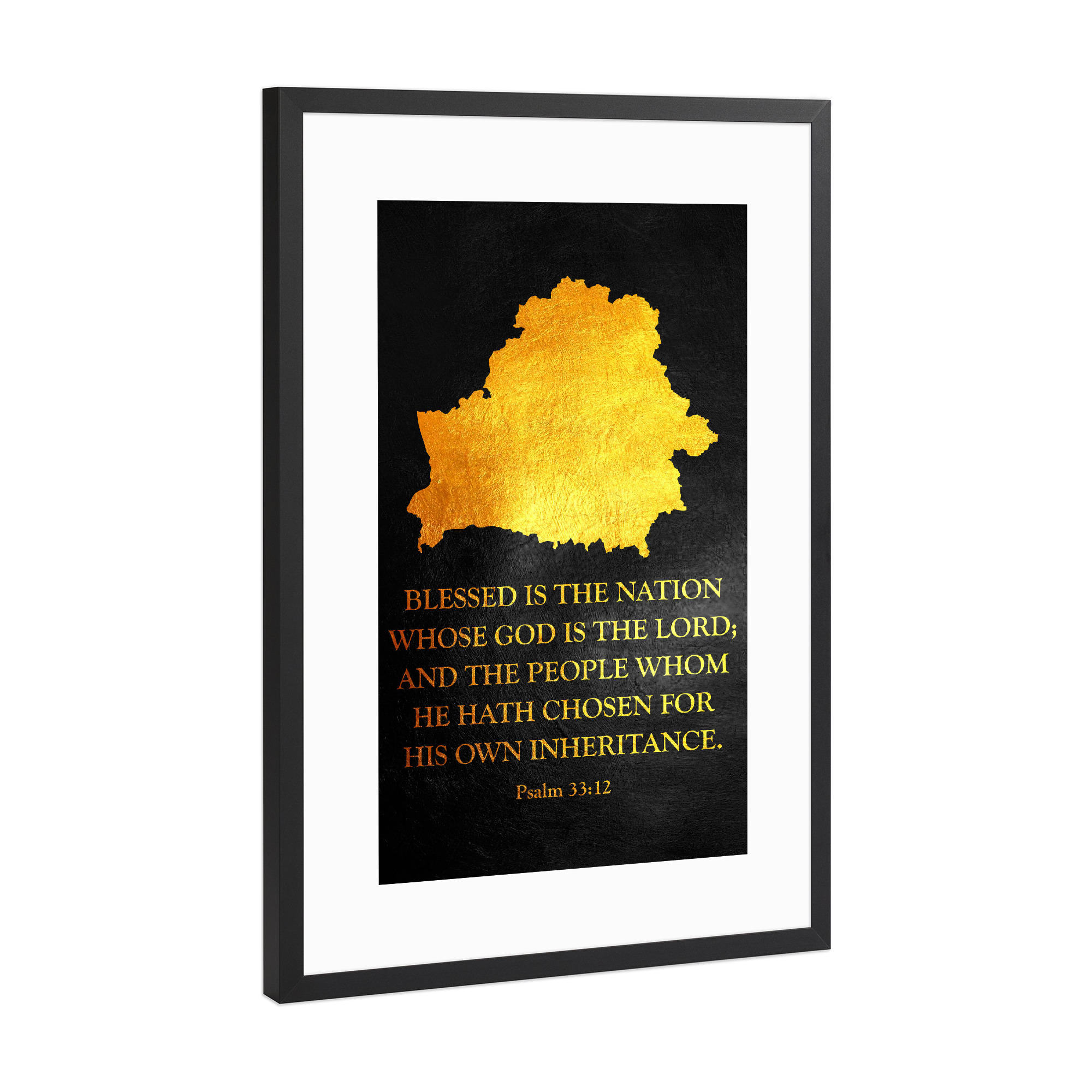Poster mit Rahmen Schwarz (Metallic) "Belarus Bible Verse Gold Map" artboxONE - Reise / Länder - Belarus,Gold,Map,Karte,Weißrussland