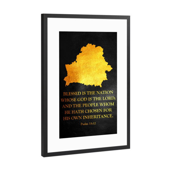 Poster mit Rahmen Schwarz (Metallic) "Belarus Bible Verse Gold Map" artboxONE - Reise / Länder - Belarus,Gold,Map,Karte,Weißrussland