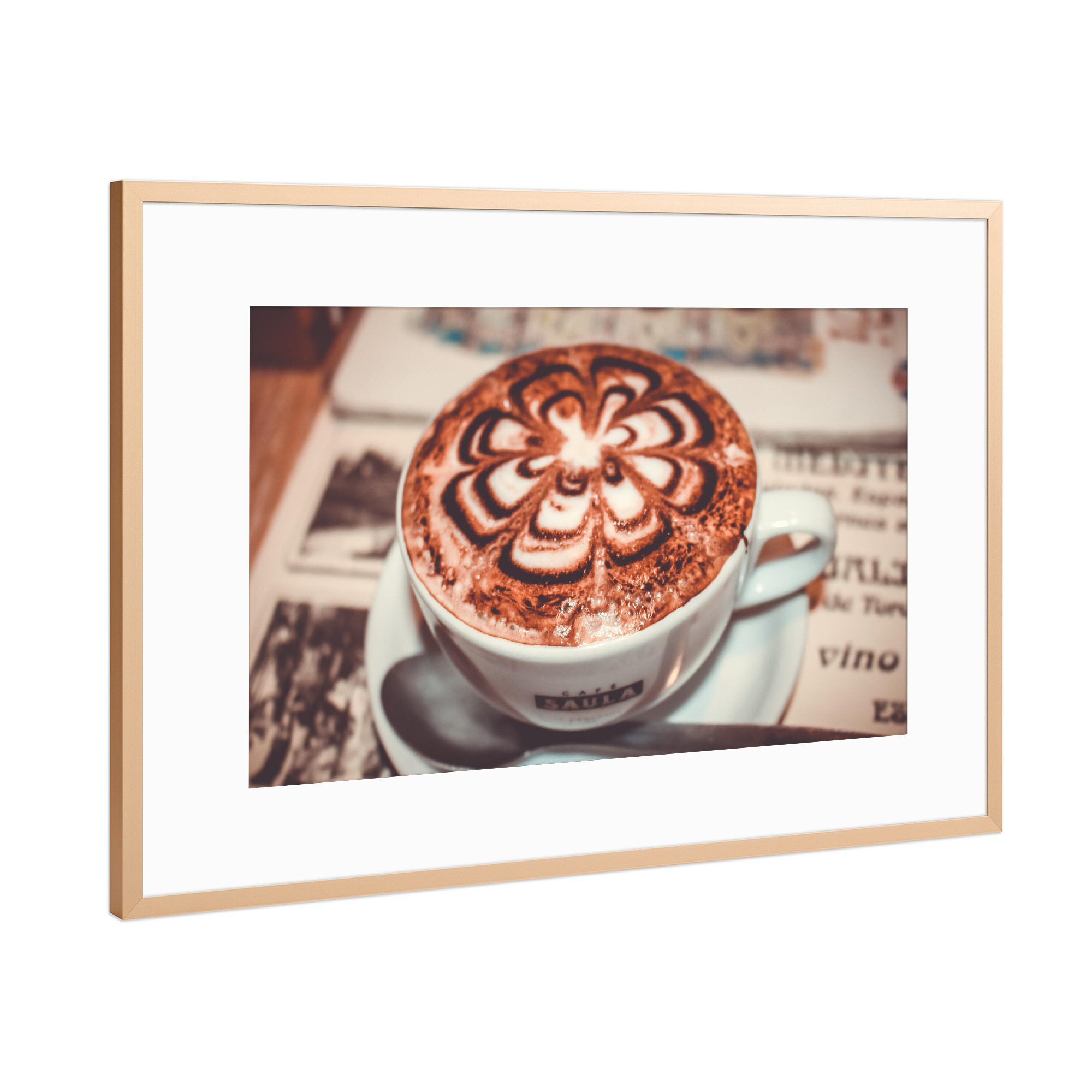 Poster mit Rahmen Kupfer "Coffee Time in Rome" artboxONE - Essen & Trinken - Cappuccino,Kaffee,Tasse,Zeitung,Rom,Nostalgie,Cafe,Trinken