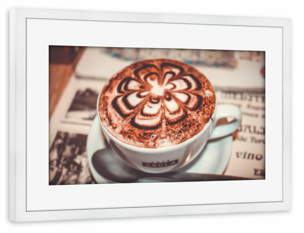 Poster mit Rahmen weiß "Coffee Time in Rome" artboxONE - Essen & Trinken - Cappuccino,Kaffee,Tasse,Zeitung,Rom,Nostalgie,Cafe,Trinken