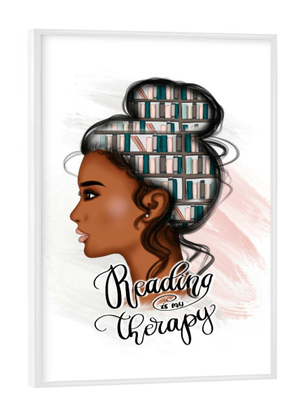 Poster mit weißem Rahmen "Reading Is My Therapy | Afro Girl" artboxONE - Menschen,Lehrersprüche,Für Mama,Lustig
